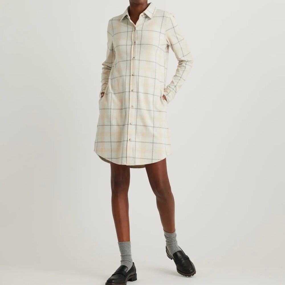 NWT Quince Stretch Sweater Fleece Shirt Dress Oatmeal Check Large